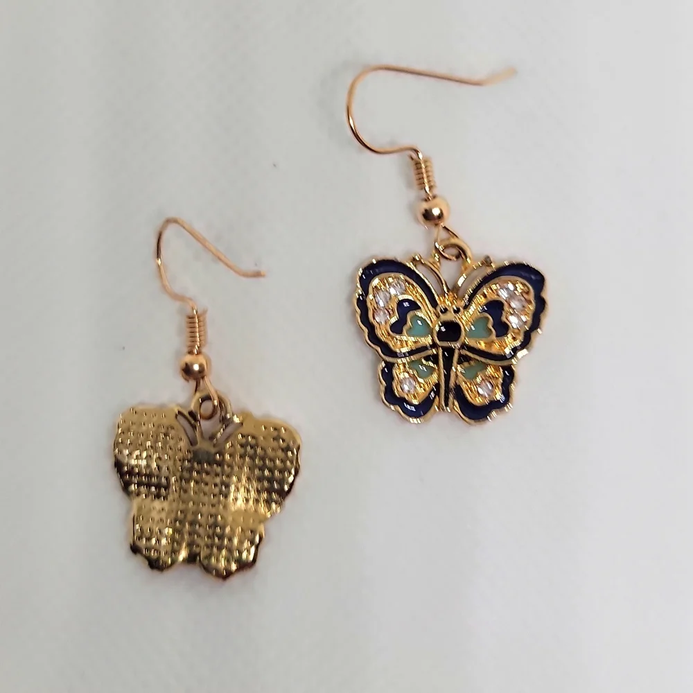 Luxe Blue Butterfly Dangle Earrings Gold Tone Luxe Sparkle Faux Stone New